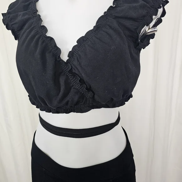 Garage Black Cotton Crop Wrap Top Tie Waist Baddie Vibes XL - Picture 2 of 9